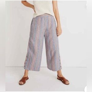 Madewell linen striped button cuffed wide leg crop pants pull on